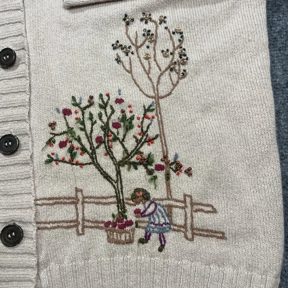 Vintage Embroidered Knit Cardigan Women's Size XL Beige Shawl Neck Cottagecore - Picture 3 of 12